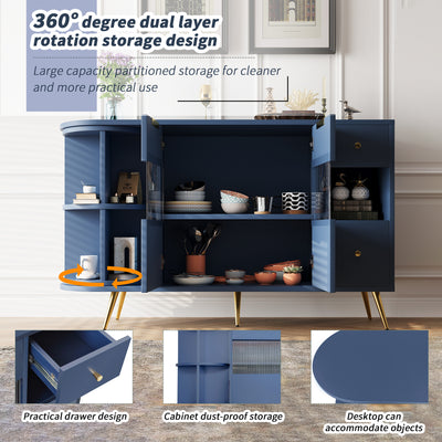 Buffet Multifonctionnel Bleu avec Portes Vitrées et Compartiments Pivotants, Éclairage LED Intégré (130x40x80cm) RIPHRENS BLUE