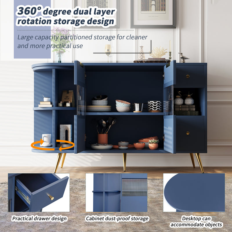 Buffet Multifonctionnel Bleu avec Portes Vitrées et Compartiments Pivotants, Éclairage LED Intégré (130x40x80cm) RIPHRENS BLUE