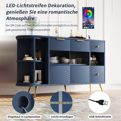 Buffet Multifonctionnel Bleu avec Portes Vitrées et Compartiments Pivotants, Éclairage LED Intégré (130x40x80cm) RIPHRENS BLUE