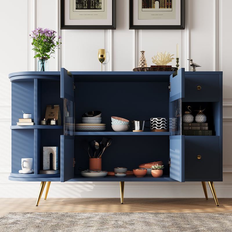 Buffet Multifonctionnel Bleu avec Portes Vitrées et Compartiments Pivotants, Éclairage LED Intégré (130x40x80cm) RIPHRENS BLUE