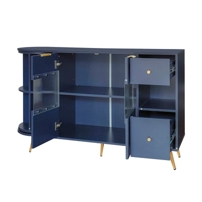 Buffet Multifonctionnel Bleu avec Portes Vitrées et Compartiments Pivotants, Éclairage LED Intégré (130x40x80cm) RIPHRENS BLUE