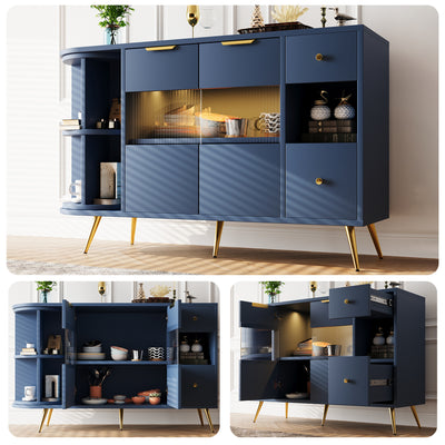 Buffet Multifonctionnel Bleu avec Portes Vitrées et Compartiments Pivotants, Éclairage LED Intégré (130x40x80cm) RIPHRENS BLUE