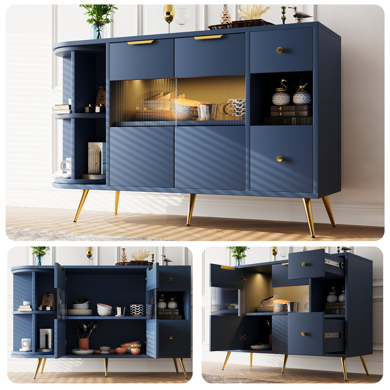 Buffet Multifonctionnel Bleu avec Portes Vitrées et Compartiments Pivotants, Éclairage LED Intégré (130x40x80cm) RIPHRENS BLUE