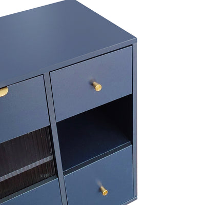 Buffet Multifonctionnel Bleu avec Portes Vitrées et Compartiments Pivotants, Éclairage LED Intégré (130x40x80cm) RIPHRENS BLUE
