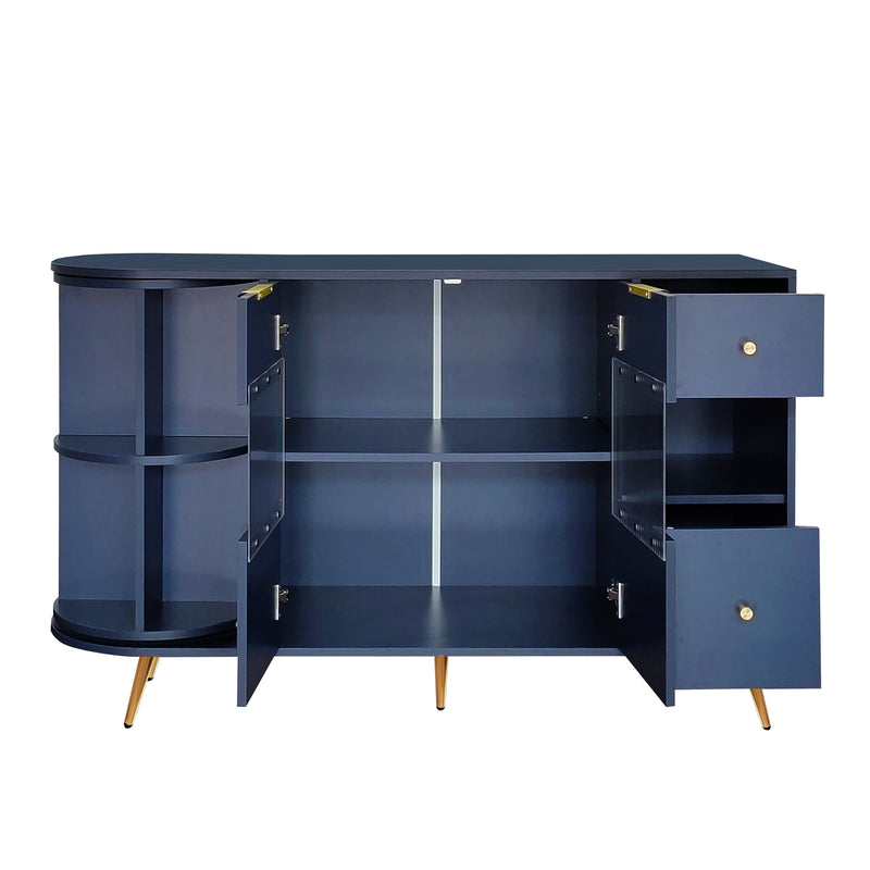 Buffet Multifonctionnel Bleu avec Portes Vitrées et Compartiments Pivotants, Éclairage LED Intégré (130x40x80cm) RIPHRENS BLUE