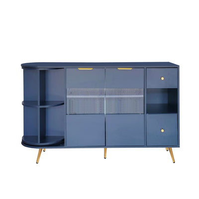 Buffet Multifonctionnel Bleu avec Portes Vitrées et Compartiments Pivotants, Éclairage LED Intégré (130x40x80cm) RIPHRENS BLUE
