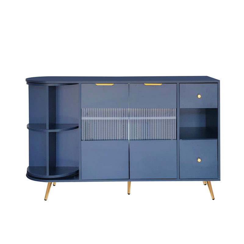 Buffet Multifonctionnel Bleu avec Portes Vitrées et Compartiments Pivotants, Éclairage LED Intégré (130x40x80cm) RIPHRENS BLUE