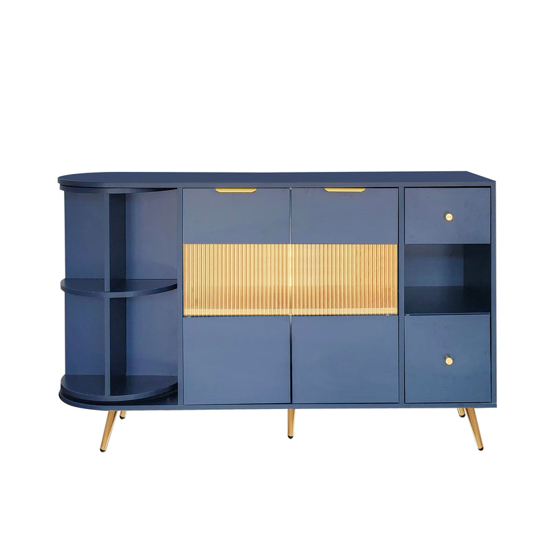 Buffet Multifonctionnel Bleu avec Portes Vitrées et Compartiments Pivotants, Éclairage LED Intégré (130x40x80cm) RIPHRENS BLUE