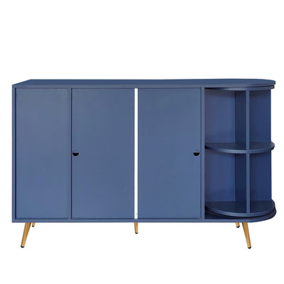 Buffet Multifonctionnel Bleu avec Portes Vitrées et Compartiments Pivotants, Éclairage LED Intégré (130x40x80cm) RIPHRENS BLUE