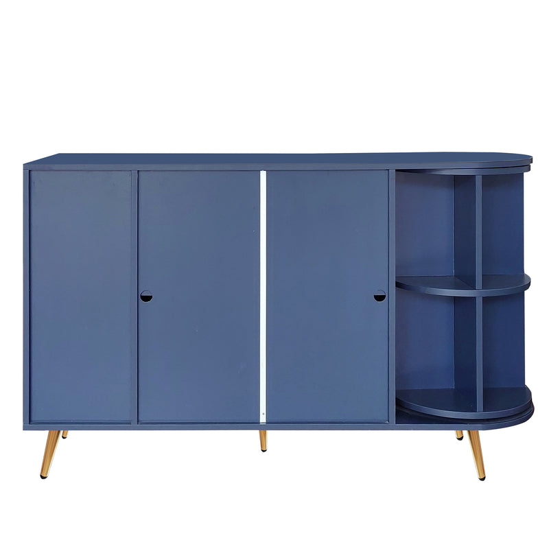 Buffet Multifonctionnel Bleu avec Portes Vitrées et Compartiments Pivotants, Éclairage LED Intégré (130x40x80cm) RIPHRENS BLUE