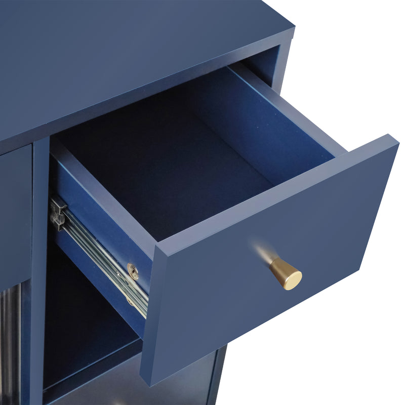 Buffet Multifonctionnel Bleu avec Portes Vitrées et Compartiments Pivotants, Éclairage LED Intégré (130x40x80cm) RIPHRENS BLUE