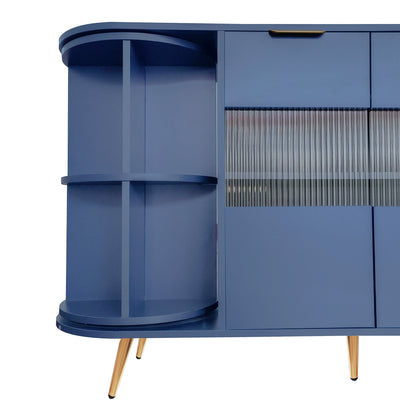 Buffet Multifonctionnel Bleu avec Portes Vitrées et Compartiments Pivotants, Éclairage LED Intégré (130x40x80cm) RIPHRENS BLUE