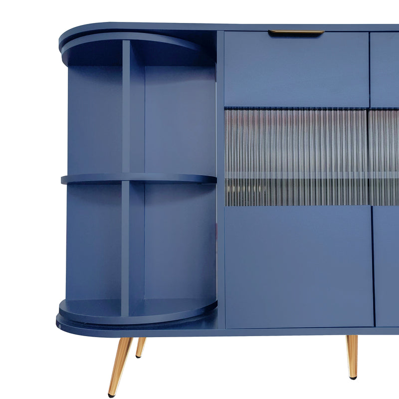 Buffet Multifonctionnel Bleu avec Portes Vitrées et Compartiments Pivotants, Éclairage LED Intégré (130x40x80cm) RIPHRENS BLUE