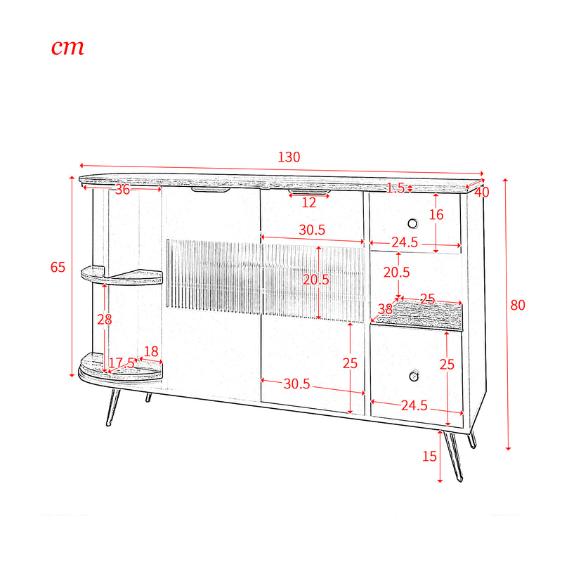 Buffet Multifonctionnel Bleu avec Portes Vitrées et Compartiments Pivotants, Éclairage LED Intégré (130x40x80cm) RIPHRENS BLUE