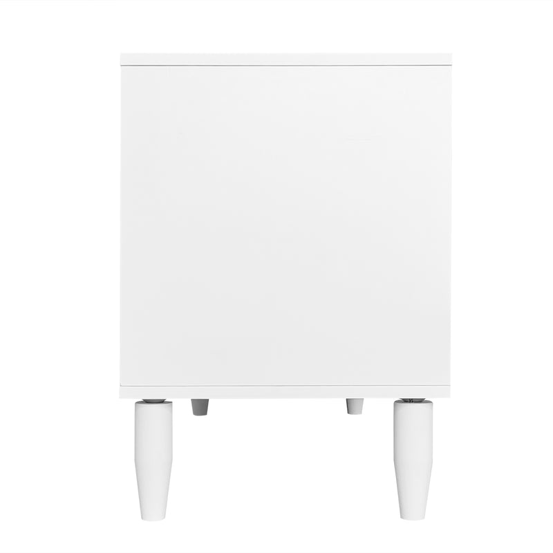 Meuble TV Élégant Blanc et Rotin avec 4 Tiroirs, Gestion des Câbles et Pieds Réglables (180x40x56.5cm - Pour TV jusqu&