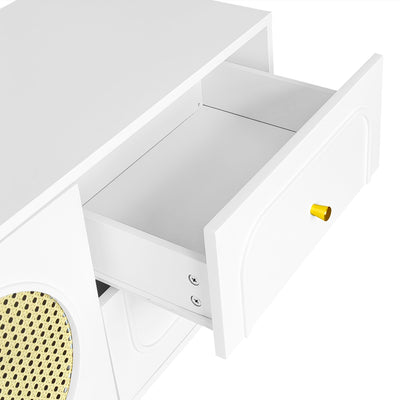 Meuble TV Élégant Blanc et Rotin avec 4 Tiroirs, Gestion des Câbles et Pieds Réglables (180x40x56.5cm - Pour TV jusqu'à 80 pouces) ROGRAX