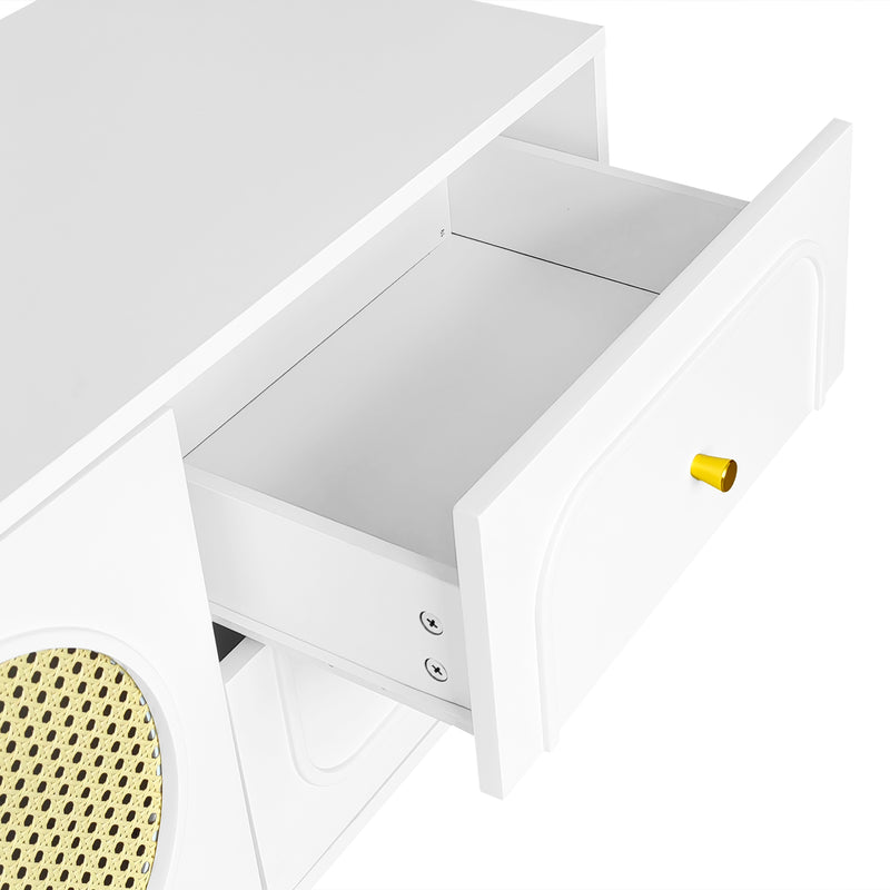 Meuble TV Élégant Blanc et Rotin avec 4 Tiroirs, Gestion des Câbles et Pieds Réglables (180x40x56.5cm - Pour TV jusqu&