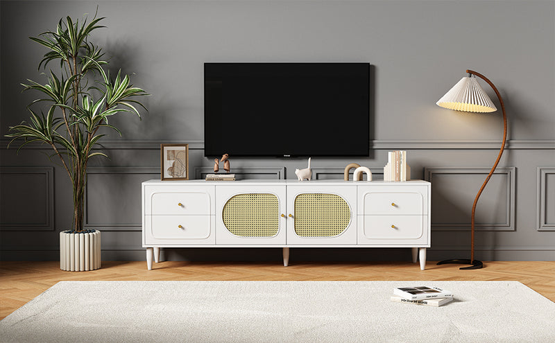 Meuble TV Élégant Blanc et Rotin avec 4 Tiroirs, Gestion des Câbles et Pieds Réglables (180x40x56.5cm - Pour TV jusqu&