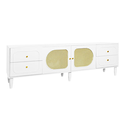 Meuble TV Élégant Blanc et Rotin avec 4 Tiroirs, Gestion des Câbles et Pieds Réglables (180x40x56.5cm - Pour TV jusqu'à 80 pouces) ROGRAX