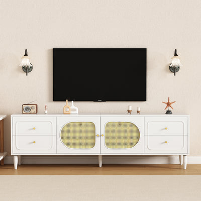 Meuble TV Élégant Blanc et Rotin avec 4 Tiroirs, Gestion des Câbles et Pieds Réglables (180x40x56.5cm - Pour TV jusqu'à 80 pouces) ROGRAX