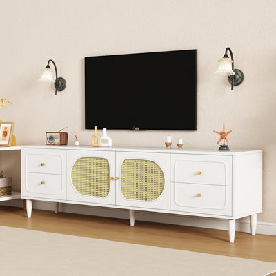Meuble TV Élégant Blanc et Rotin avec 4 Tiroirs, Gestion des Câbles et Pieds Réglables (180x40x56.5cm - Pour TV jusqu'à 80 pouces) ROGRAX