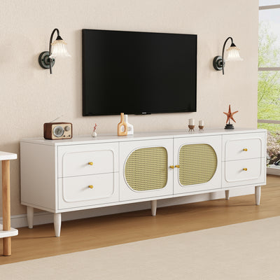 Meuble TV Élégant Blanc et Rotin avec 4 Tiroirs, Gestion des Câbles et Pieds Réglables (180x40x56.5cm - Pour TV jusqu'à 80 pouces) ROGRAX