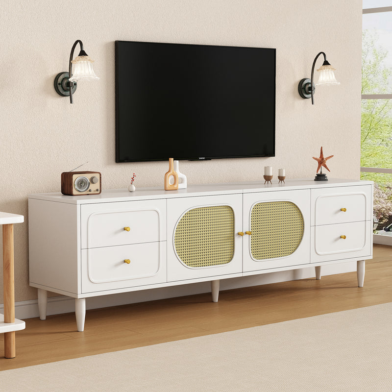 Meuble TV Élégant Blanc et Rotin avec 4 Tiroirs, Gestion des Câbles et Pieds Réglables (180x40x56.5cm - Pour TV jusqu&