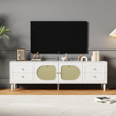 Meuble TV Élégant Blanc et Rotin avec 4 Tiroirs, Gestion des Câbles et Pieds Réglables (180x40x56.5cm - Pour TV jusqu'à 80 pouces) ROGRAX