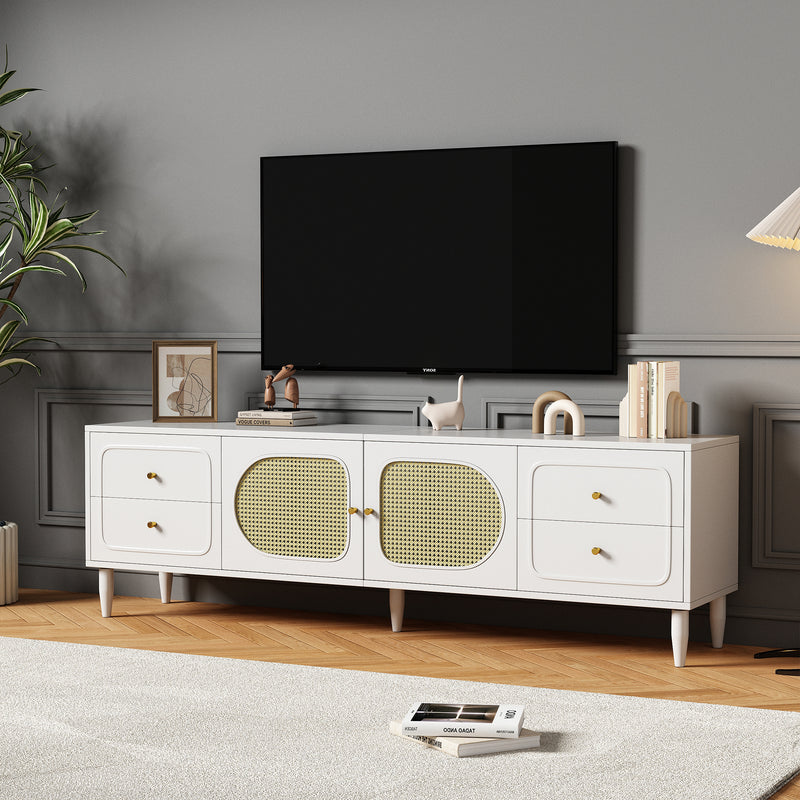 Meuble TV Élégant Blanc et Rotin avec 4 Tiroirs, Gestion des Câbles et Pieds Réglables (180x40x56.5cm - Pour TV jusqu&
