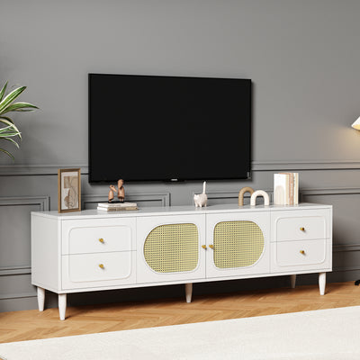 Meuble TV Élégant Blanc et Rotin avec 4 Tiroirs, Gestion des Câbles et Pieds Réglables (180x40x56.5cm - Pour TV jusqu'à 80 pouces) ROGRAX