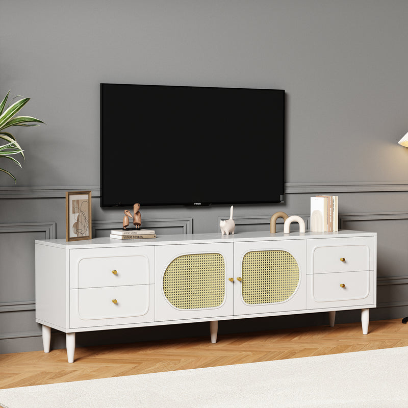 Meuble TV Élégant Blanc et Rotin avec 4 Tiroirs, Gestion des Câbles et Pieds Réglables (180x40x56.5cm - Pour TV jusqu&