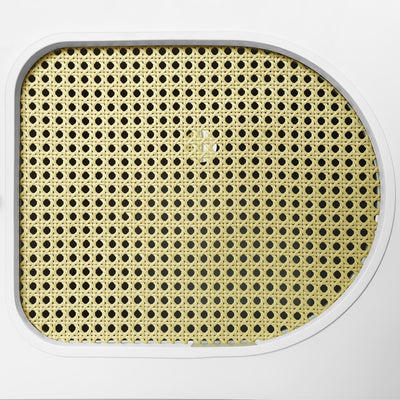 Meuble TV Élégant Blanc et Rotin avec 4 Tiroirs, Gestion des Câbles et Pieds Réglables (180x40x56.5cm - Pour TV jusqu'à 80 pouces) ROGRAX