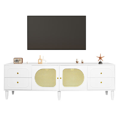 Meuble TV Élégant Blanc et Rotin avec 4 Tiroirs, Gestion des Câbles et Pieds Réglables (180x40x56.5cm - Pour TV jusqu'à 80 pouces) ROGRAX