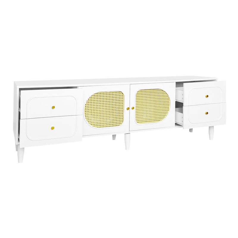 Meuble TV Élégant Blanc et Rotin avec 4 Tiroirs, Gestion des Câbles et Pieds Réglables (180x40x56.5cm - Pour TV jusqu&