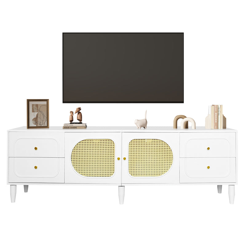 Meuble TV Élégant Blanc et Rotin avec 4 Tiroirs, Gestion des Câbles et Pieds Réglables (180x40x56.5cm - Pour TV jusqu&