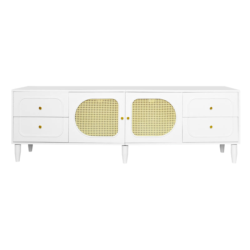Meuble TV Élégant Blanc et Rotin avec 4 Tiroirs, Gestion des Câbles et Pieds Réglables (180x40x56.5cm - Pour TV jusqu&
