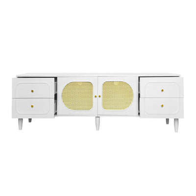 Meuble TV Élégant Blanc et Rotin avec 4 Tiroirs, Gestion des Câbles et Pieds Réglables (180x40x56.5cm - Pour TV jusqu'à 80 pouces) ROGRAX