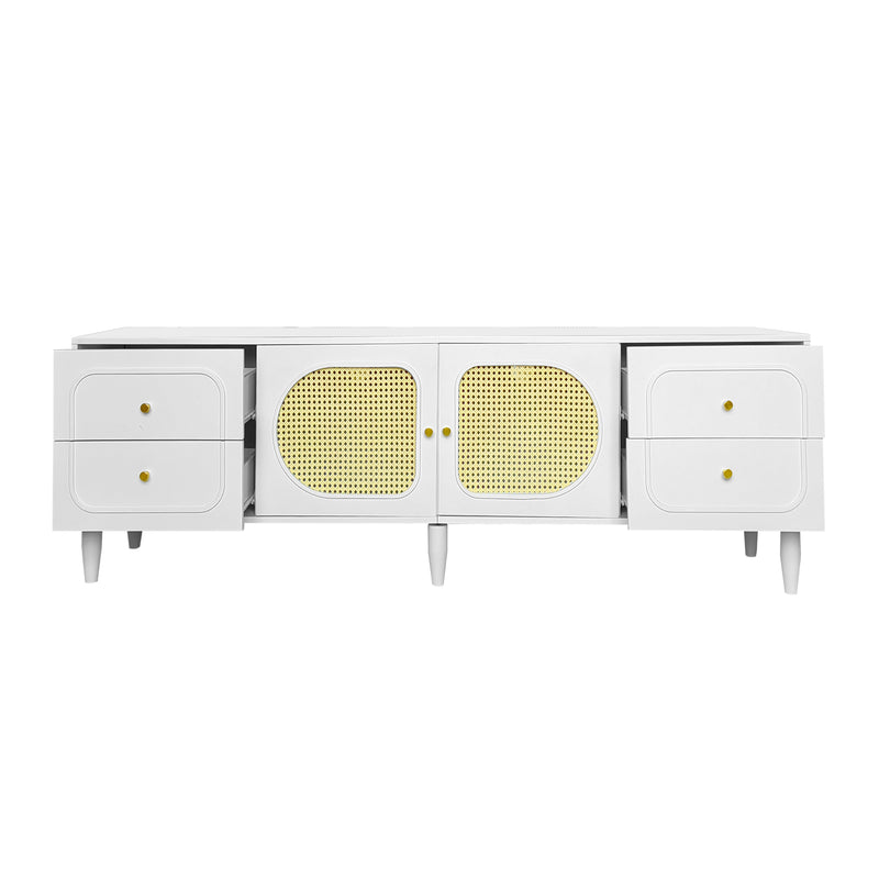 Meuble TV Élégant Blanc et Rotin avec 4 Tiroirs, Gestion des Câbles et Pieds Réglables (180x40x56.5cm - Pour TV jusqu&