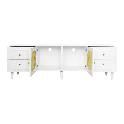 Meuble TV Élégant Blanc et Rotin avec 4 Tiroirs, Gestion des Câbles et Pieds Réglables (180x40x56.5cm - Pour TV jusqu'à 80 pouces) ROGRAX