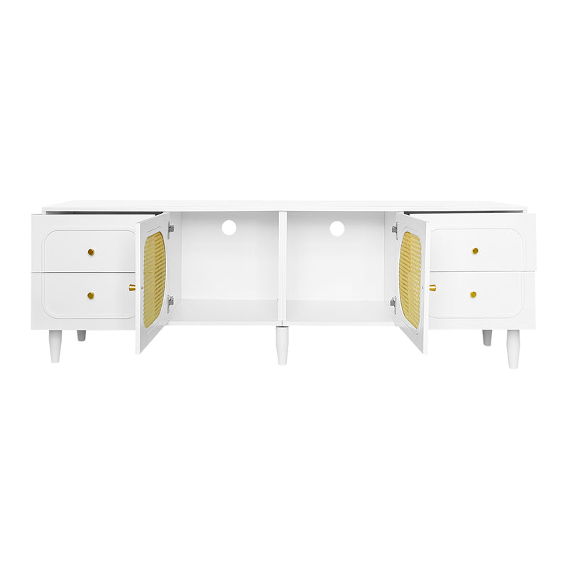 Meuble TV Élégant Blanc et Rotin avec 4 Tiroirs, Gestion des Câbles et Pieds Réglables (180x40x56.5cm - Pour TV jusqu&