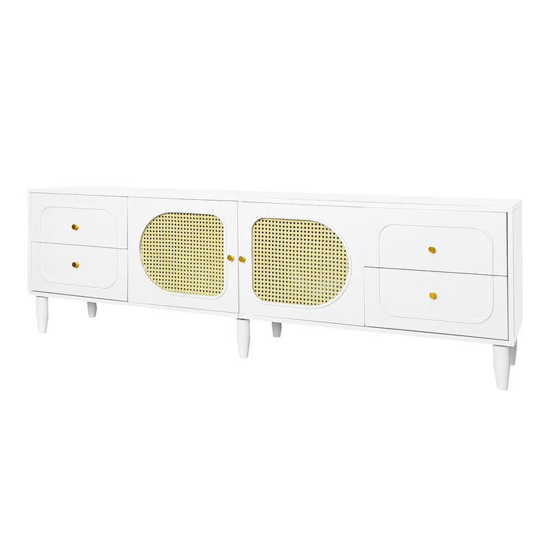 Meuble TV Élégant Blanc et Rotin avec 4 Tiroirs, Gestion des Câbles et Pieds Réglables (180x40x56.5cm - Pour TV jusqu&
