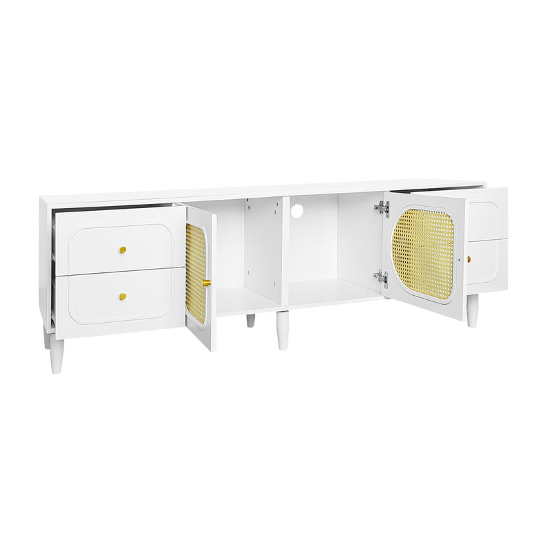 Meuble TV Élégant Blanc et Rotin avec 4 Tiroirs, Gestion des Câbles et Pieds Réglables (180x40x56.5cm - Pour TV jusqu&