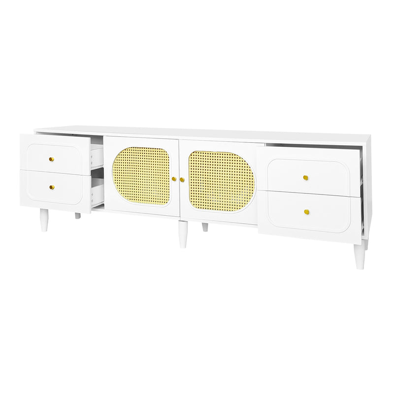 Meuble TV Élégant Blanc et Rotin avec 4 Tiroirs, Gestion des Câbles et Pieds Réglables (180x40x56.5cm - Pour TV jusqu&