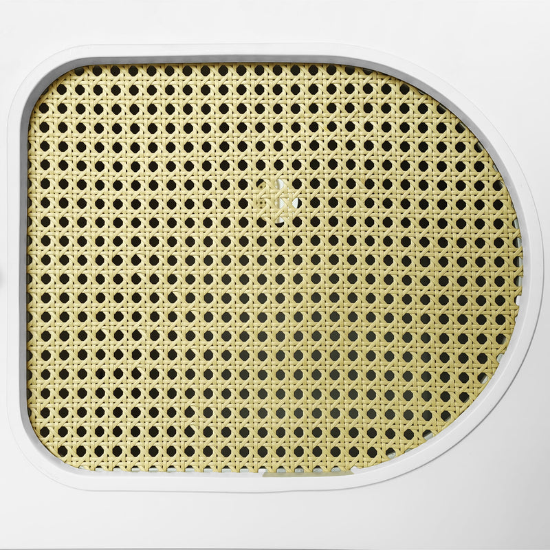 Meuble TV Élégant Blanc et Rotin avec 4 Tiroirs, Gestion des Câbles et Pieds Réglables (180x40x56.5cm - Pour TV jusqu&