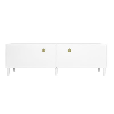 Meuble TV Élégant Blanc et Rotin avec 4 Tiroirs, Gestion des Câbles et Pieds Réglables (180x40x56.5cm - Pour TV jusqu'à 80 pouces) ROGRAX