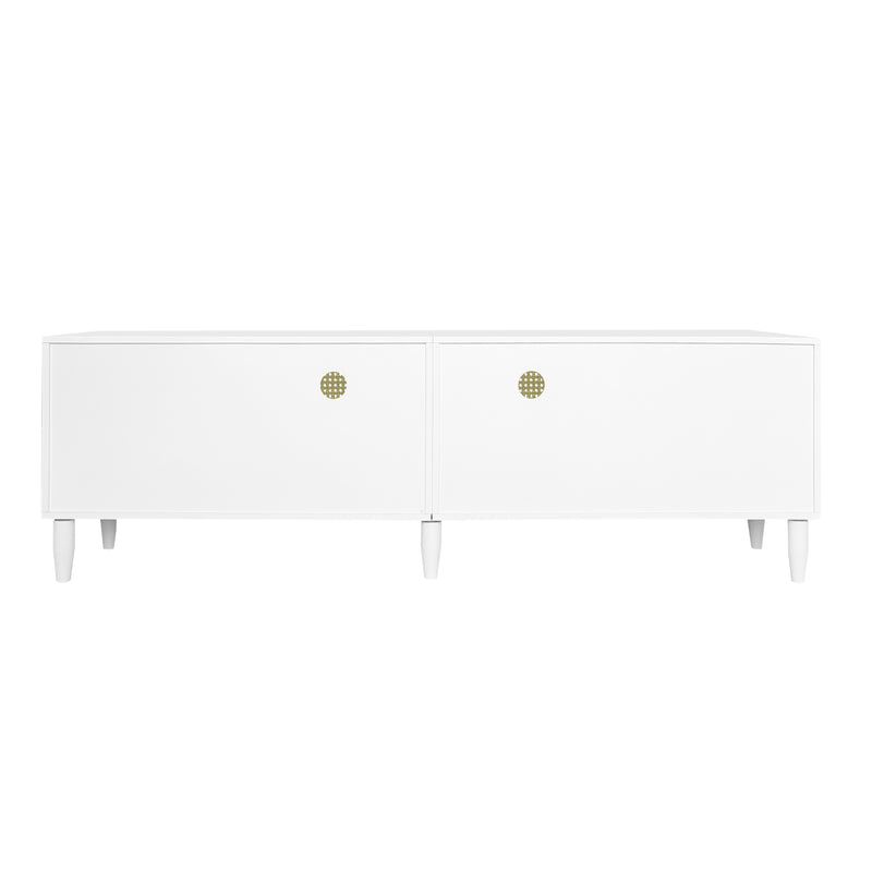 Meuble TV Élégant Blanc et Rotin avec 4 Tiroirs, Gestion des Câbles et Pieds Réglables (180x40x56.5cm - Pour TV jusqu&