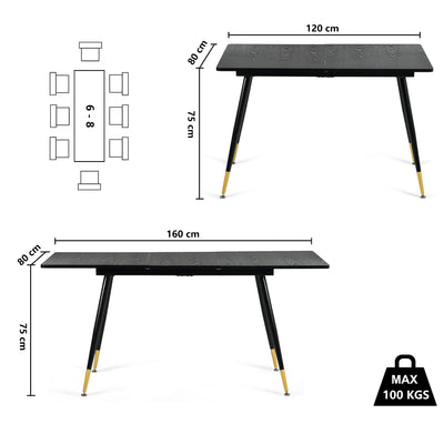 Rectangular extendable dining table black wood effect Scandinavian style gold dot legs 120-160 WHALEN DARK WOOD STRETCH TABLE BG
