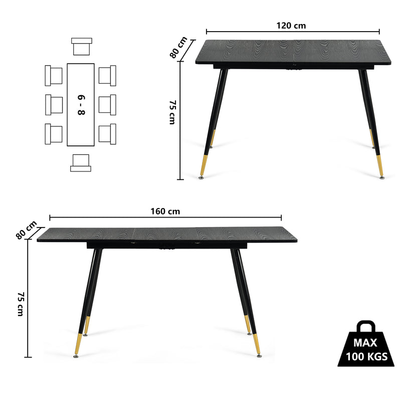 Rectangular extendable dining table black wood effect Scandinavian style gold dot legs 120-160 WHALEN DARK WOOD STRETCH TABLE BG