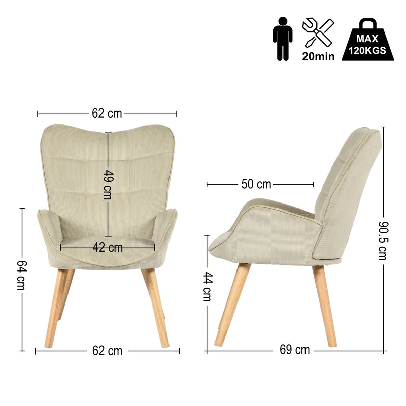 Scandinavian armchair in beige corduroy with beech legs KANAS CORDUROY BEIGE OAK LEG
