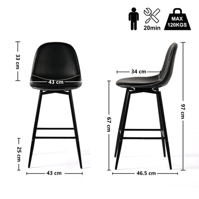 Set of 2 industrial style black PU swivel bar stools with white stitching 67Hcm CHARLTON COUNTER BLACK PU BLACK LEG 2PCS